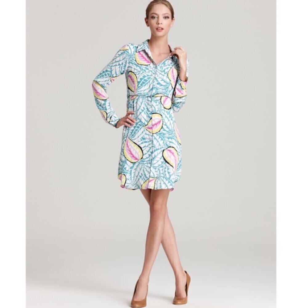 Theory Walda Blue‎ Caribbean Floral Long Sleeve Silk Shirtdress 2